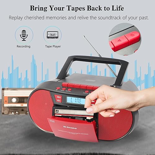 Miniatura 4 de Boombox - Reproductor de CD portátil, reproductor de cassette con CD MP3, Bluetooth, AUX TF, USB, radio FM, alimentación ACDC, caja de auge con