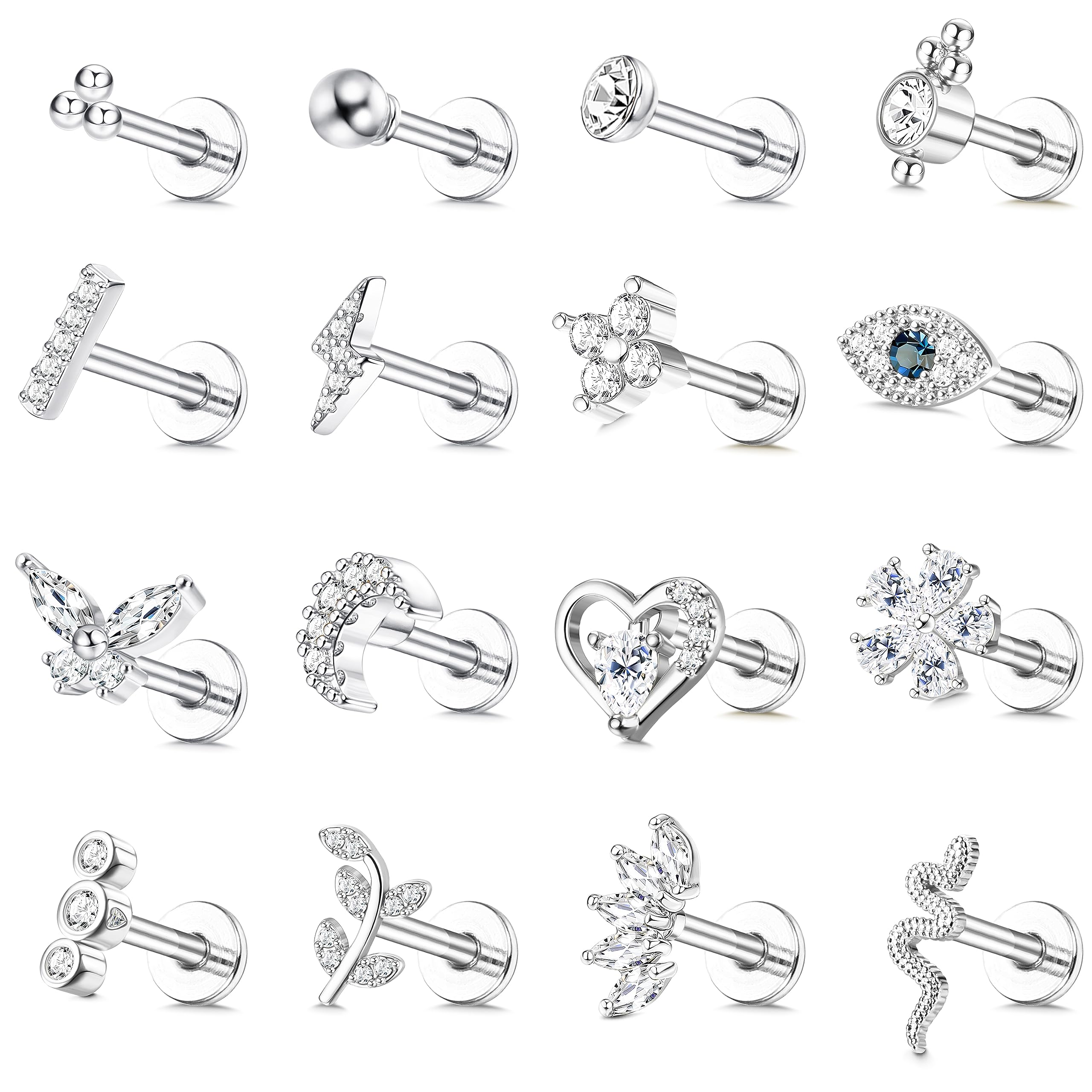JeweBella16 Piezas 16G Pendientes Piercing Oreja Acero Quirurgico para Mujer Pendientes Cartílago Circonita Luna Corazón Piercing Labret Monroe Labio Nariz Helix Tragus Piercing Joyería Plata/Oro