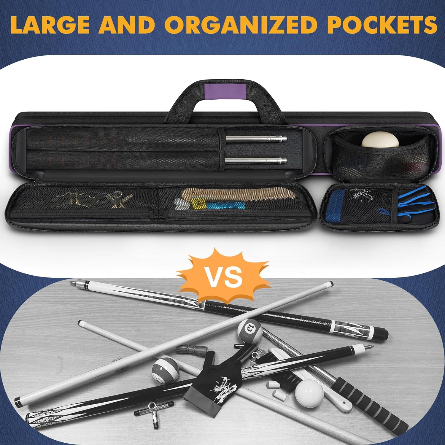 Pool Cue Case, Pool Stick Case 2x2 Holds 2 Sticks with 2 Accessory Zipper Pockets, Sturdy Polyester Pool Cue Carry Bag with Shoulder Strap Handle, Soft Billiard Cue Sling Bag for Men and Women