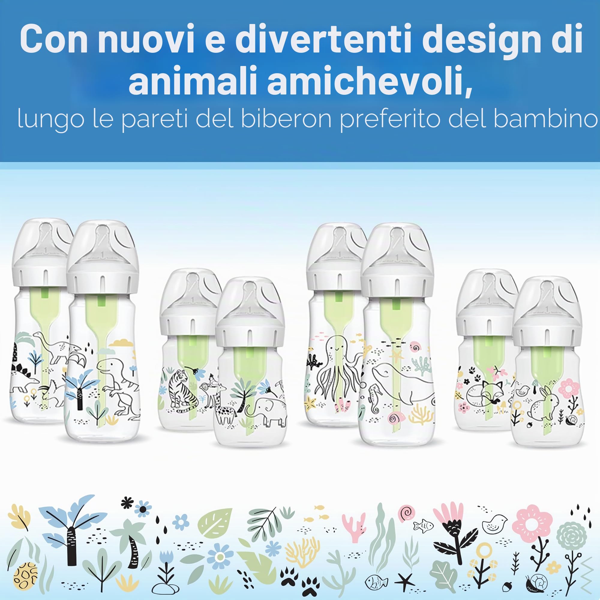 Dr. Brown's Natural Flow Anti-Colic Options+ - Biberon per bambini a collo largo, edizione di design, decorazioni giungla, 150 ml, capezzolo livello 1, confezione da 2, 0 m +