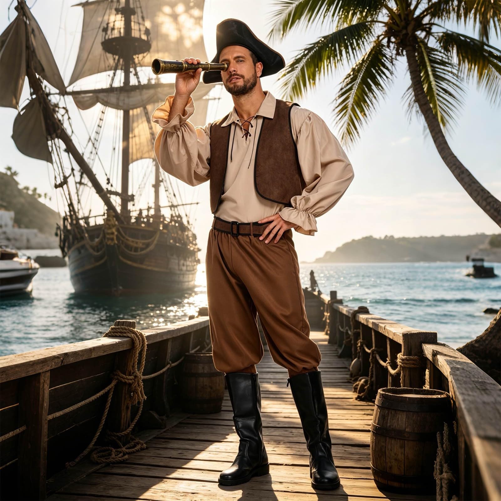 Costume da pirata da capitano medievale, da uomo, per Halloween