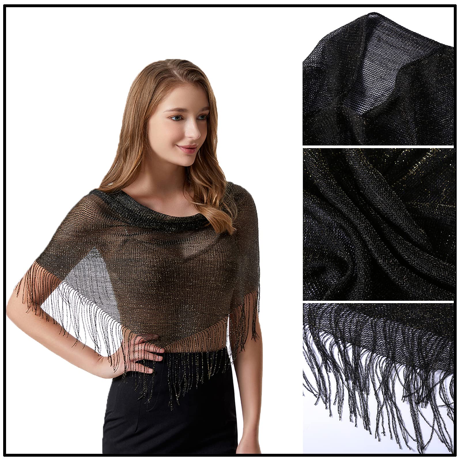 Châle Triangle Multifonctionnel Femme 190x60cm | Etole Métallique Echarpe avec Frange Brillant pour Mariage Bal Cocktail