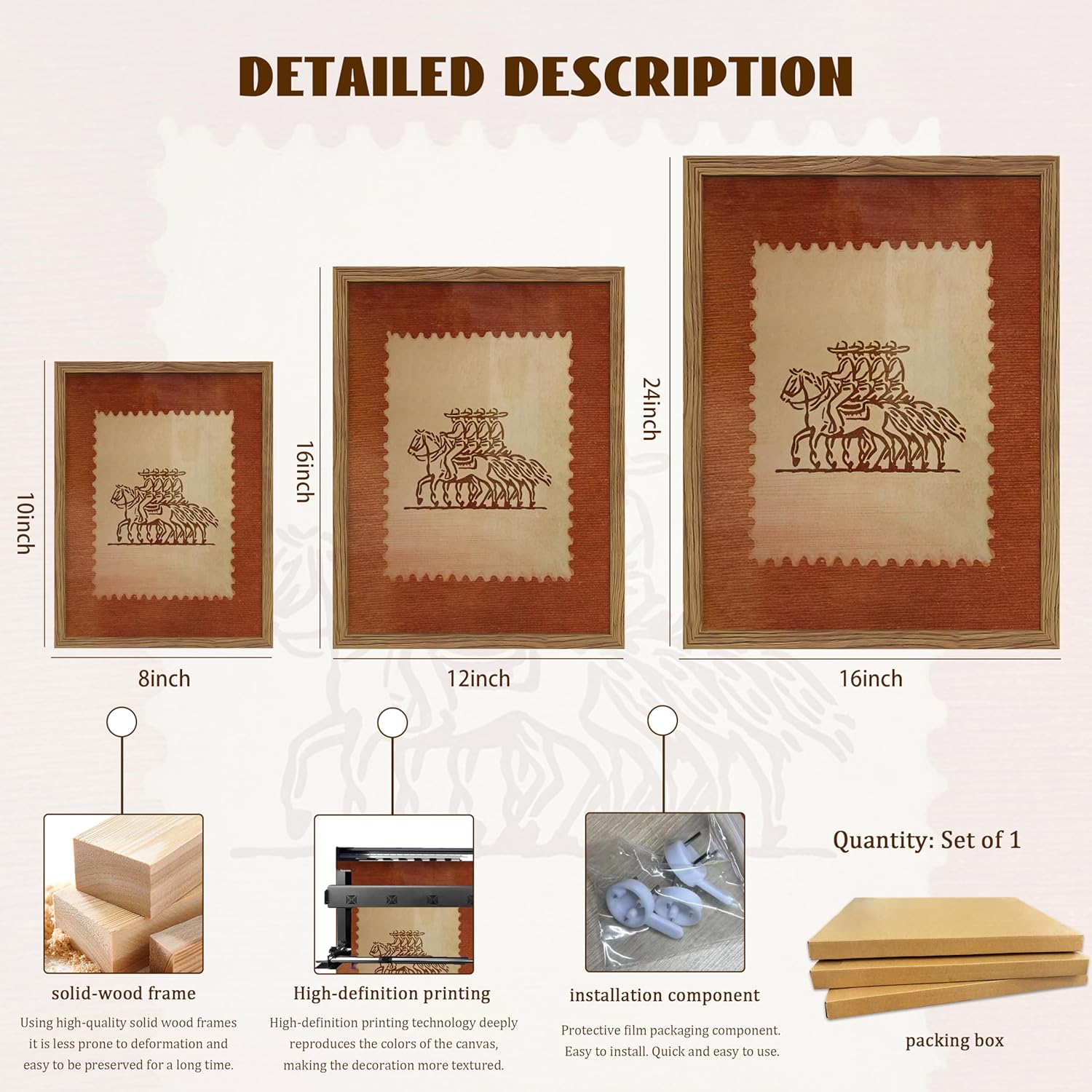 Framed Rustic Stamp Wall Art, Vintage Mexico Cowboys on Horseback Wall Decor, Earthy Tones Western Cowboy Canvas, Modern Farmhouse Pictures Prints for Bedroom Living Room – 16x24 inch