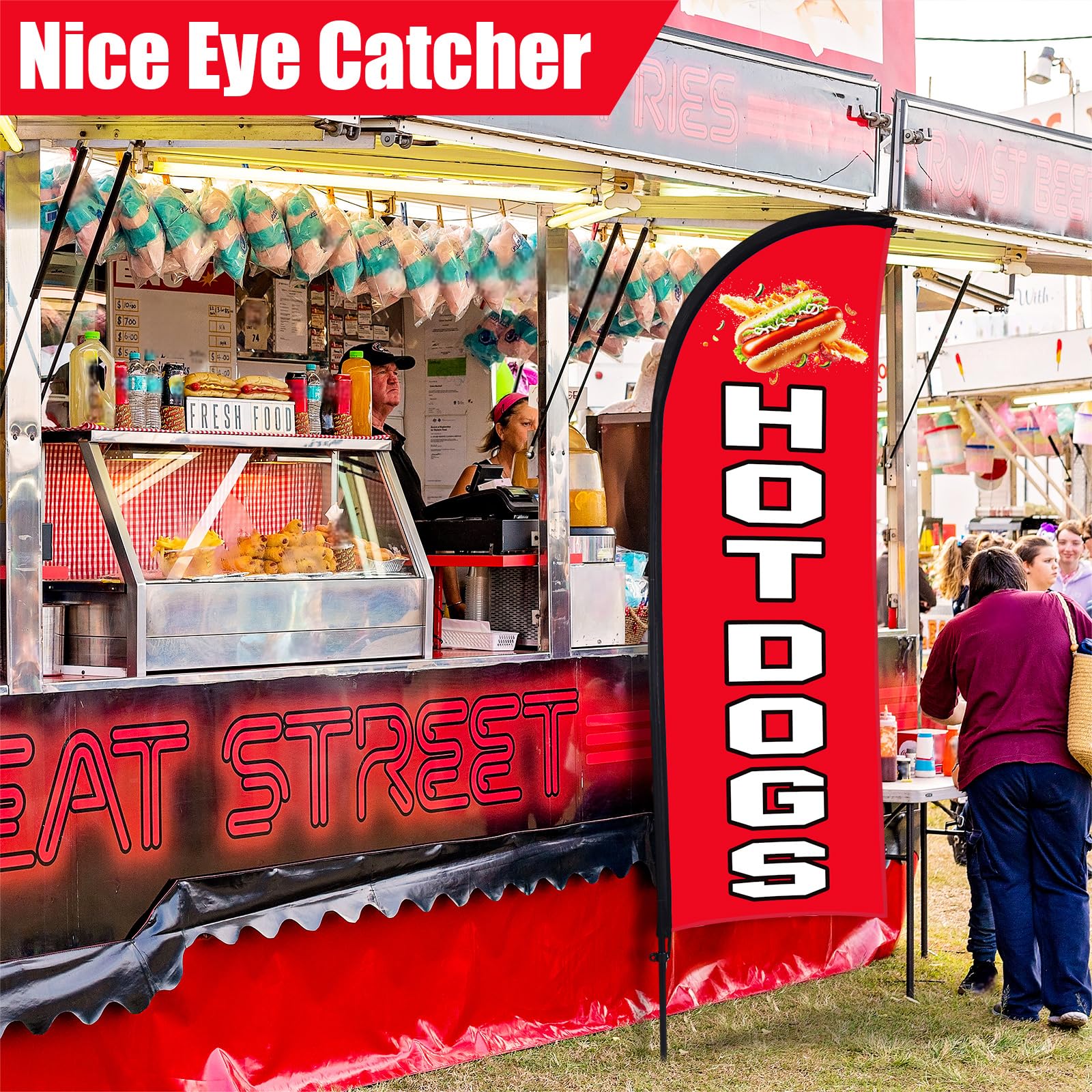 Buryeah 2 Sets Hot Dogs Federflaggen-Set, 2,1 x 1,6 m, Hot Dogs Swooper Flaggenmast Kit mit Stange, Erdspieß und tragbarer Tasche, Hot Dog-Schild für Restaurant, Werbung, Geschäft, Außenboden