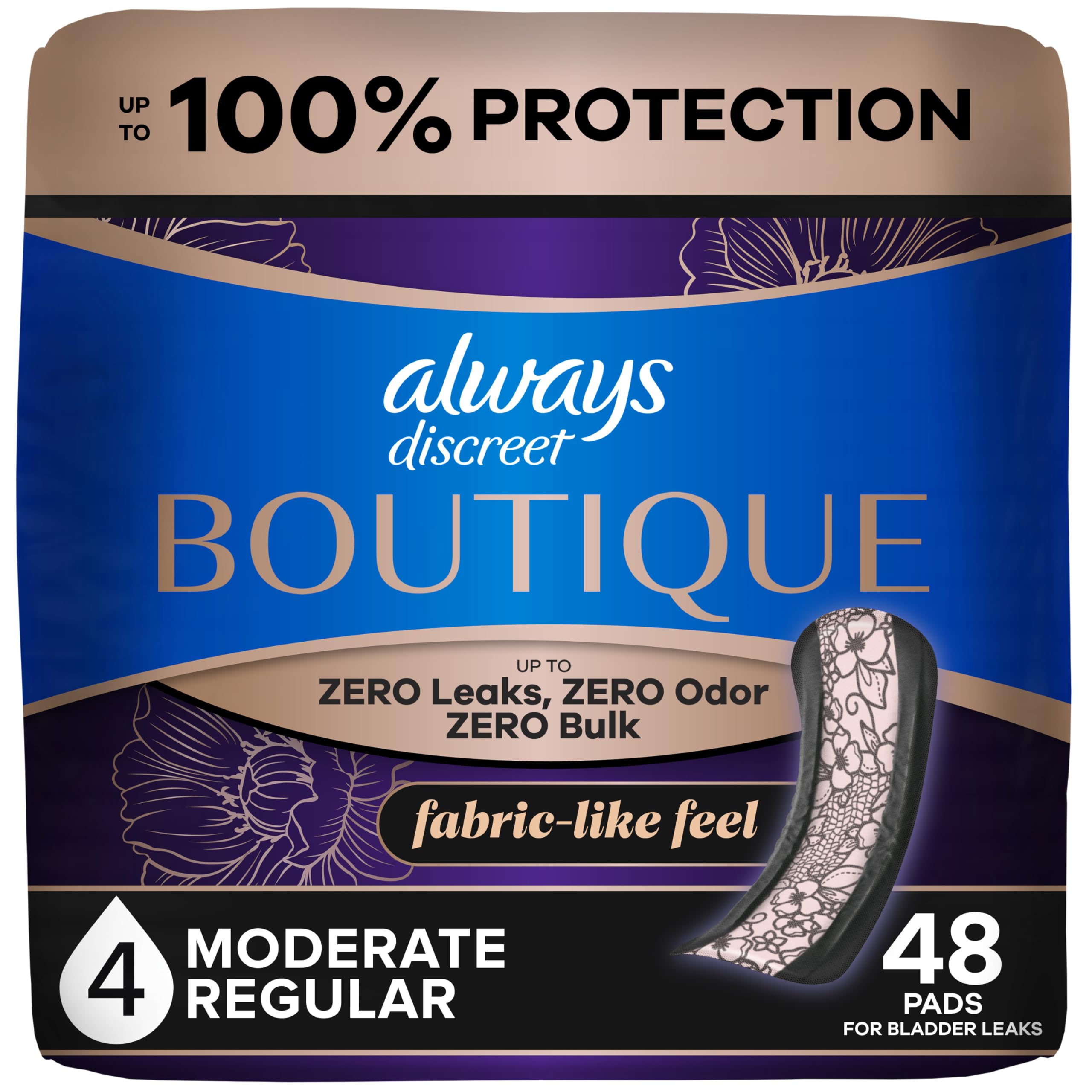 Always Discreet Boutique Adult Incontinence Bladder Leak Pads for Women, Moderate Absorbency, Regular Length, Up to 100% Bladder Leak Protection, 48