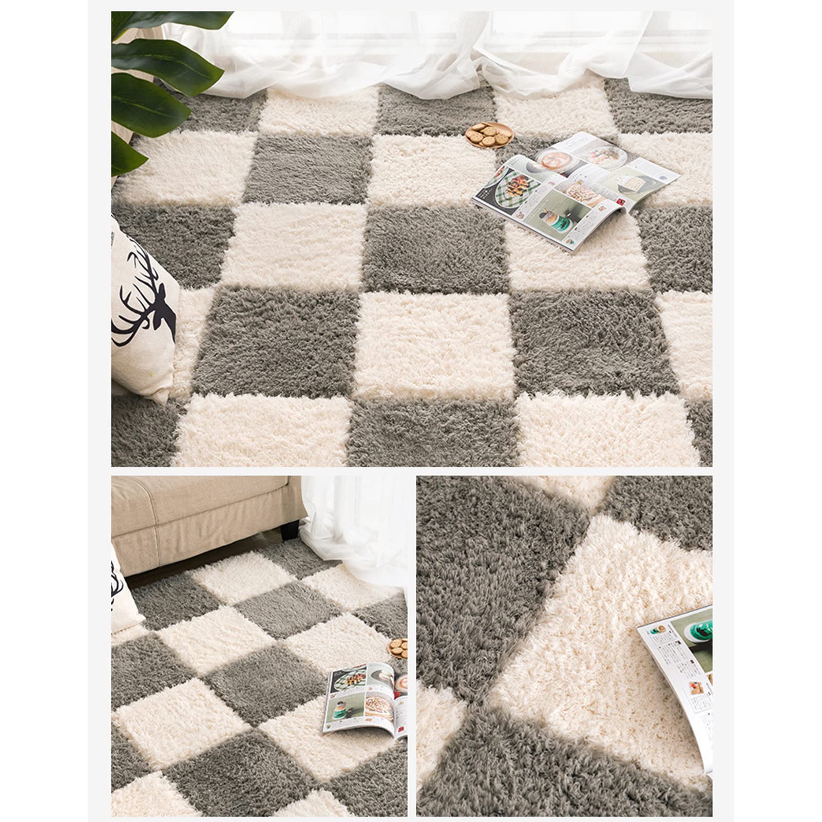 Weiche ineinandergreifende Plüsch-Teppichfliesen, 50-teiliges Set für Zuhause, Spielzimmer, Dekoration, flauschige Schaumstoff-Bodenmatte mit Kletterfläche, 30,5 x 30,5 cm, quadratische Fliesen in