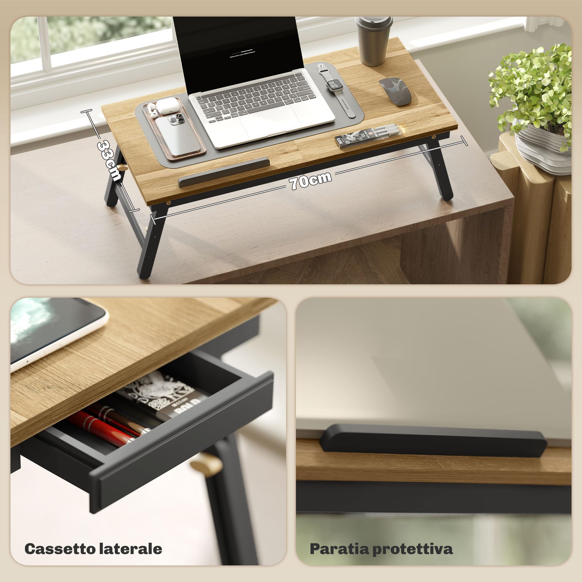 HOMCOM Supporto Monitor Inclinabile e ad Altezza Regolabile con Cassetto Laterale, Porta Monitor PC Pieghevole in Bambù e MDF, 83.5x33x23.5-34 cm, Rovere e Nero