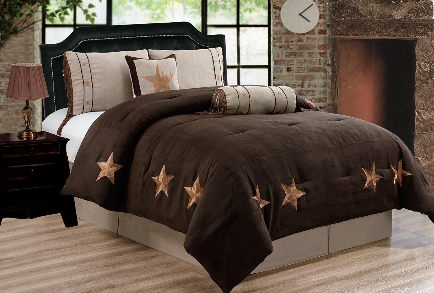 Grand Linen 6 Piece Chocolate Brown/Taupe/Camel Oversize Lodge Cabin King Size (106"X 92") Comforter Set Micro Suede Texas Lone Star Rustic Western Decor Bedding