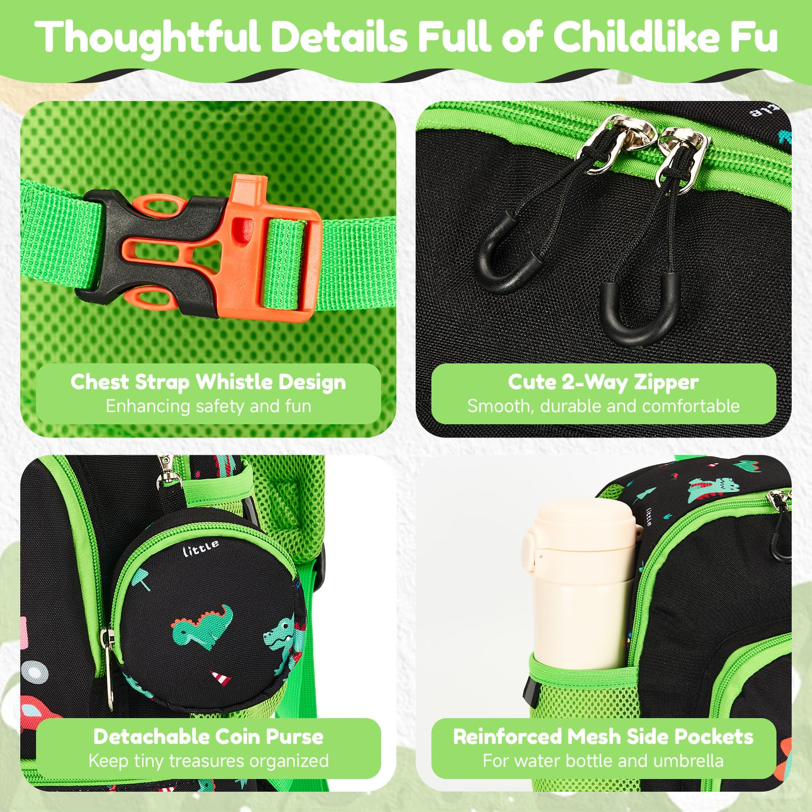 PROTAURI Sac à Dos Enfant Maternelle Garçons, Cartable Ecole Avec Porte-Monnaie, Sangle de Poitrine, Compartiment Isotherme pour Boîte à Déjeuner, 2-6 Ans(Dinosaure)