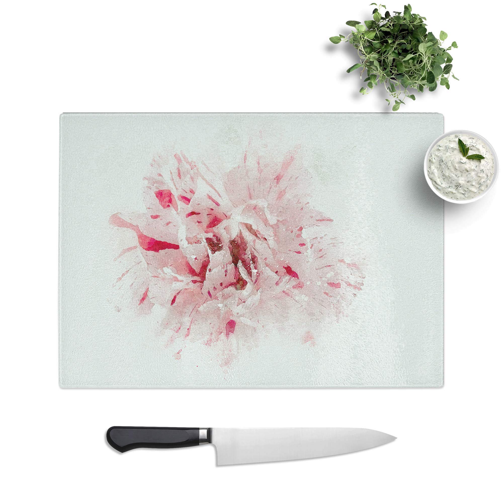Glass Chopping Board - Striking White and Pink Carnation in Abstract - Textured Worktop Saver Cutting Board - Heat Resistant, Shatterproof and Hygenic - 28.5 x 20 cm