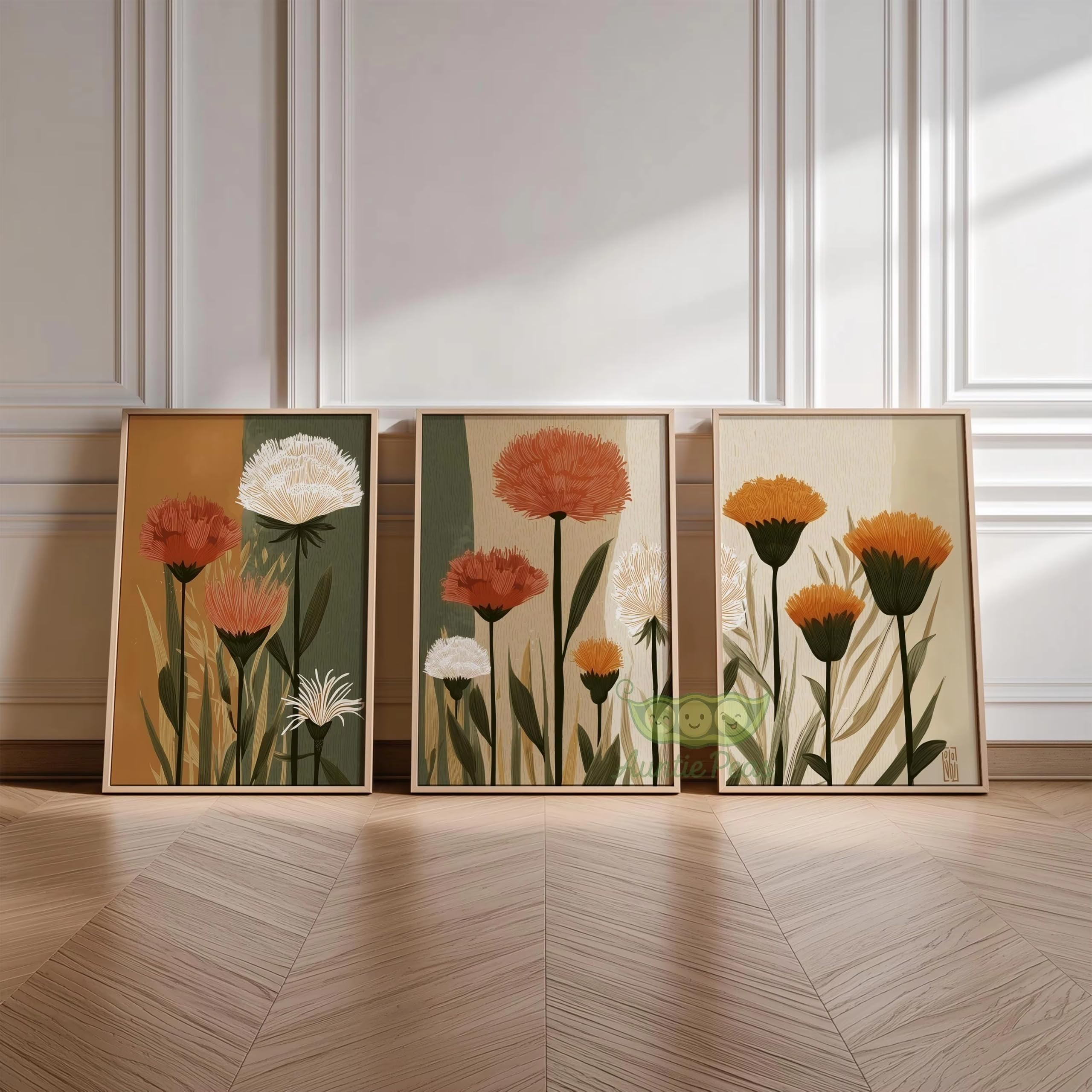 awtrhfc Boho Textured Wildflower Wall Art,Burnt Orange White Dandelion Botanical Canvas Prints, Home Decor(80x110cm(31x43in) x3/No frame)