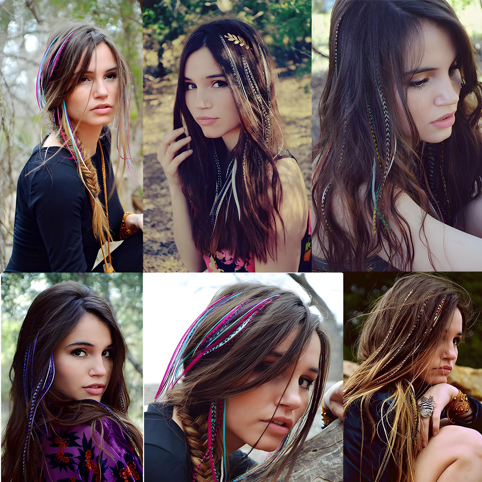Kit de extensión de plumas de cabello, 13 colores mezclados, kit de extensiones de cabello sintético de plumas (no plumas reales) con 100 cuentas de microenlace de silicona, 1 kit de 7