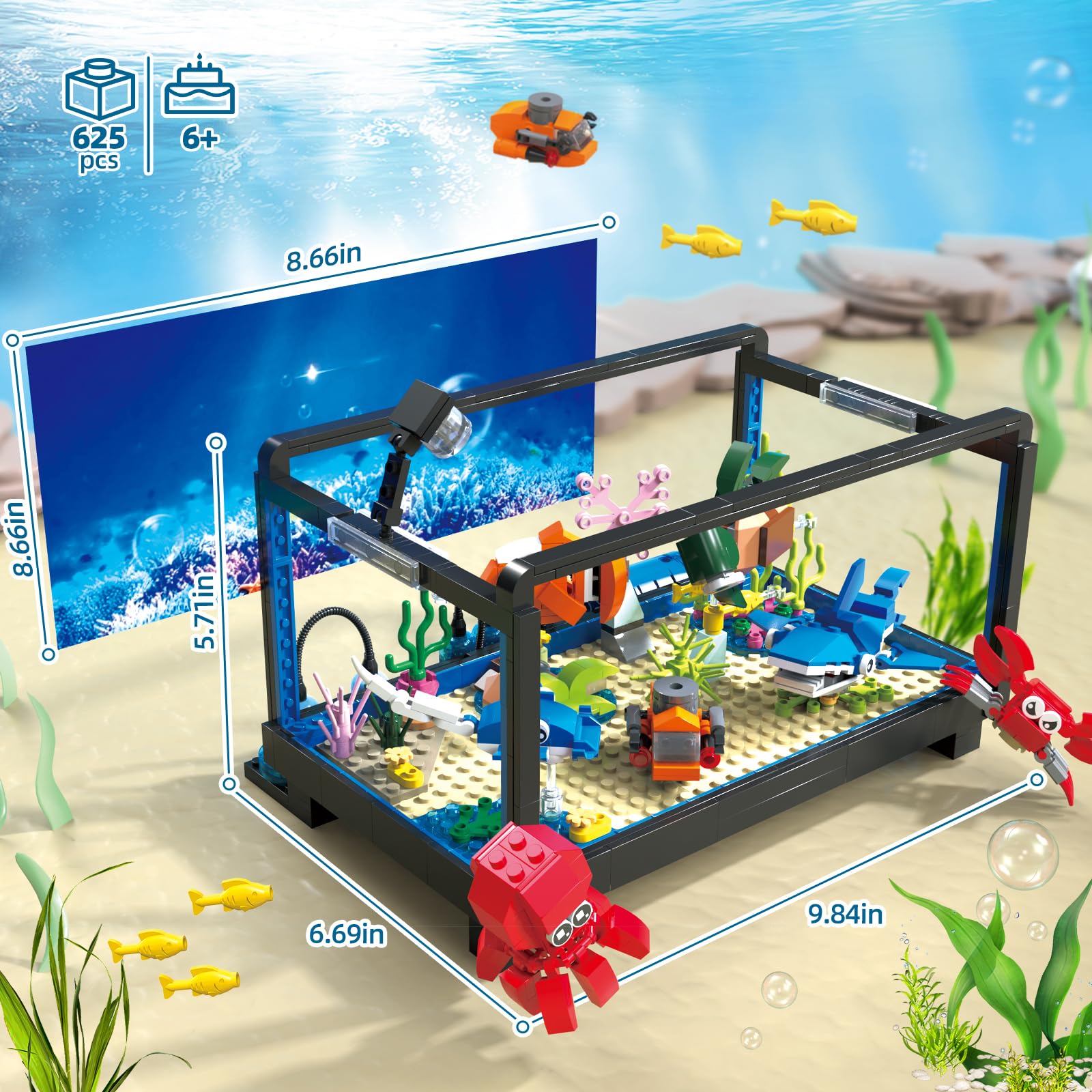 CUBIMANA Acquario set di costruzioni con luce LED – 697 pezzi, acquario mobile con meduse, pesci, granchi e coralli – regalo di compleanno per ragazzi e ragazze 8-12