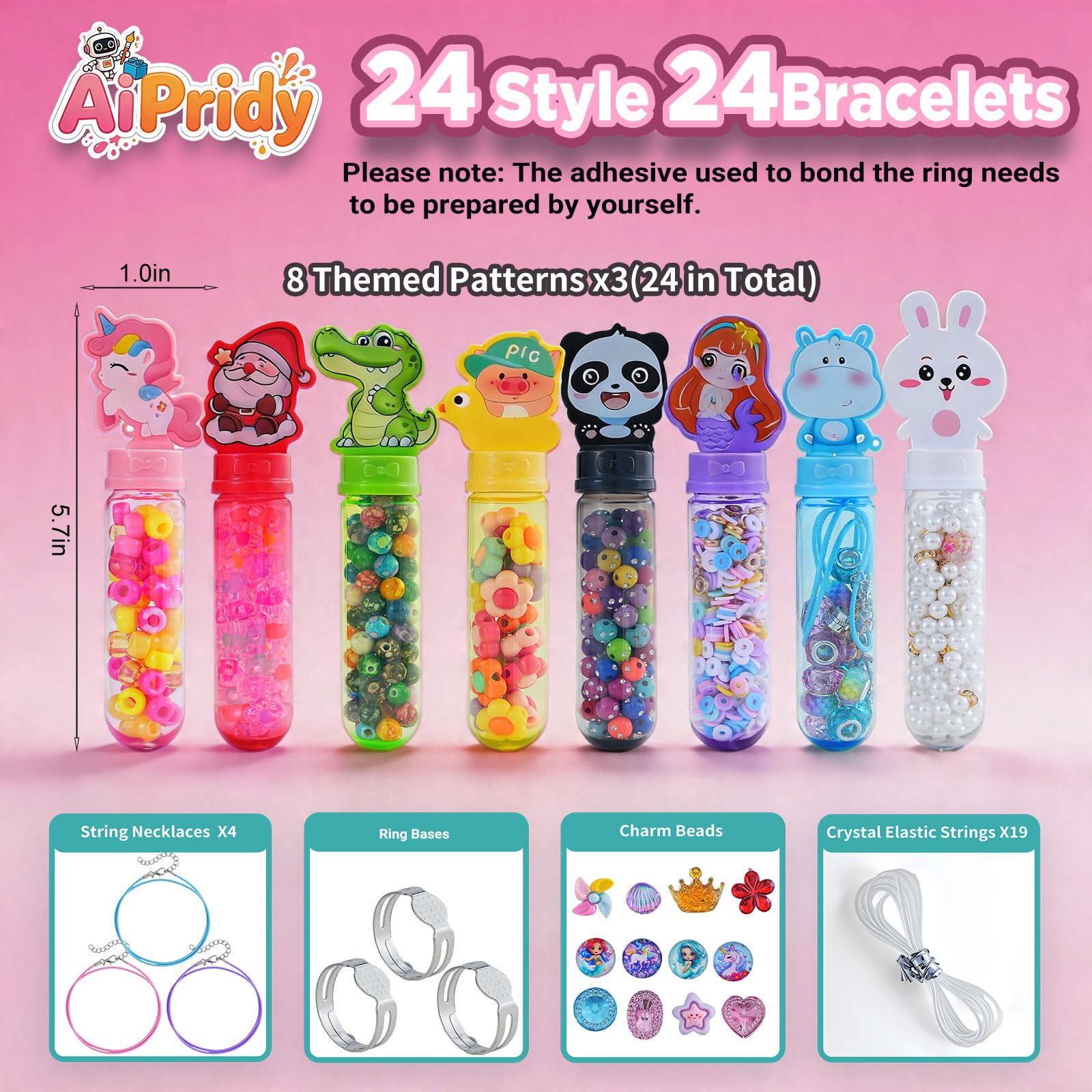 AIPRIDY Kit creativo di perline per bambini, 24 stili, 24 bacchette per bracciali, premi in classe, sacchetti per regali, età 4+ (vetro + plastica misti)