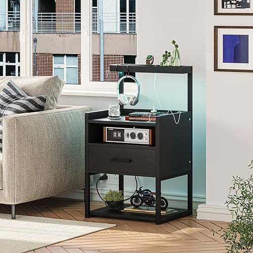 Miniatura 9 de AOGLLATI Juego de 2 mesas de noche con estación de carga soportes de noche negros para dormitorio mesa de noche con cajón de almacenamiento y luz