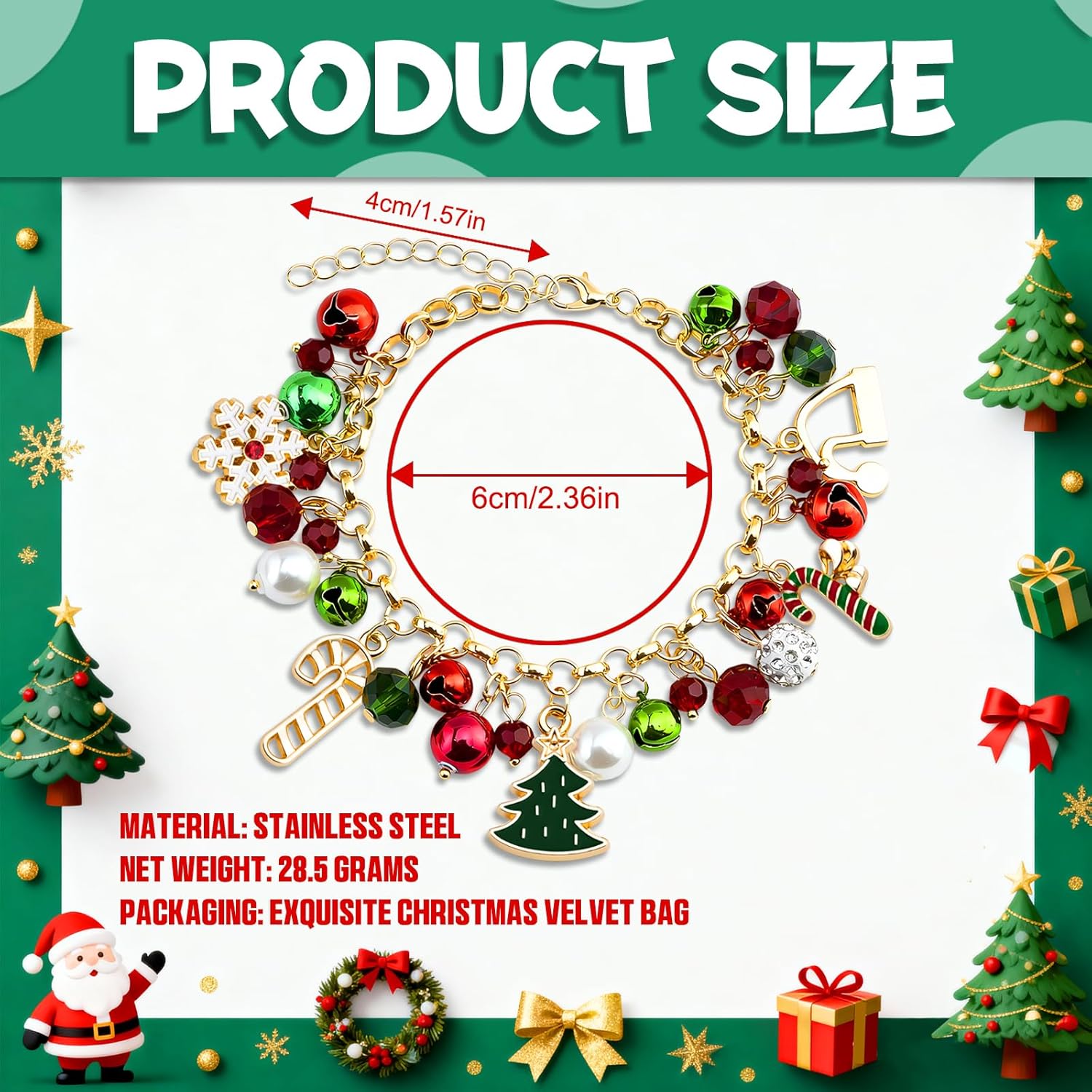 Christmas Bracelets for Women Christmas Jewelry for Women Xmas Charms Jingle Bells Snowflake Tree Charms Xmas Party Costume Accessories Gift with Adjustable Alloy Drop Christma Stocking Stuffers - Image 2