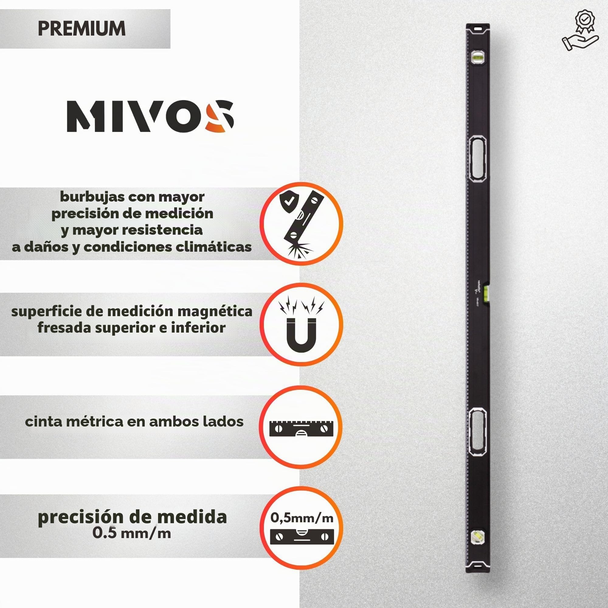 MIVOS - Nivel de burbuja de aluminio de 150 cm con sistema magnético y carcasa de aluminio - Nivel de burbuja con 3 niveles de burbuja - Alta precisión - Nivel magnético, 1500 mm, VR-4517, Negro
