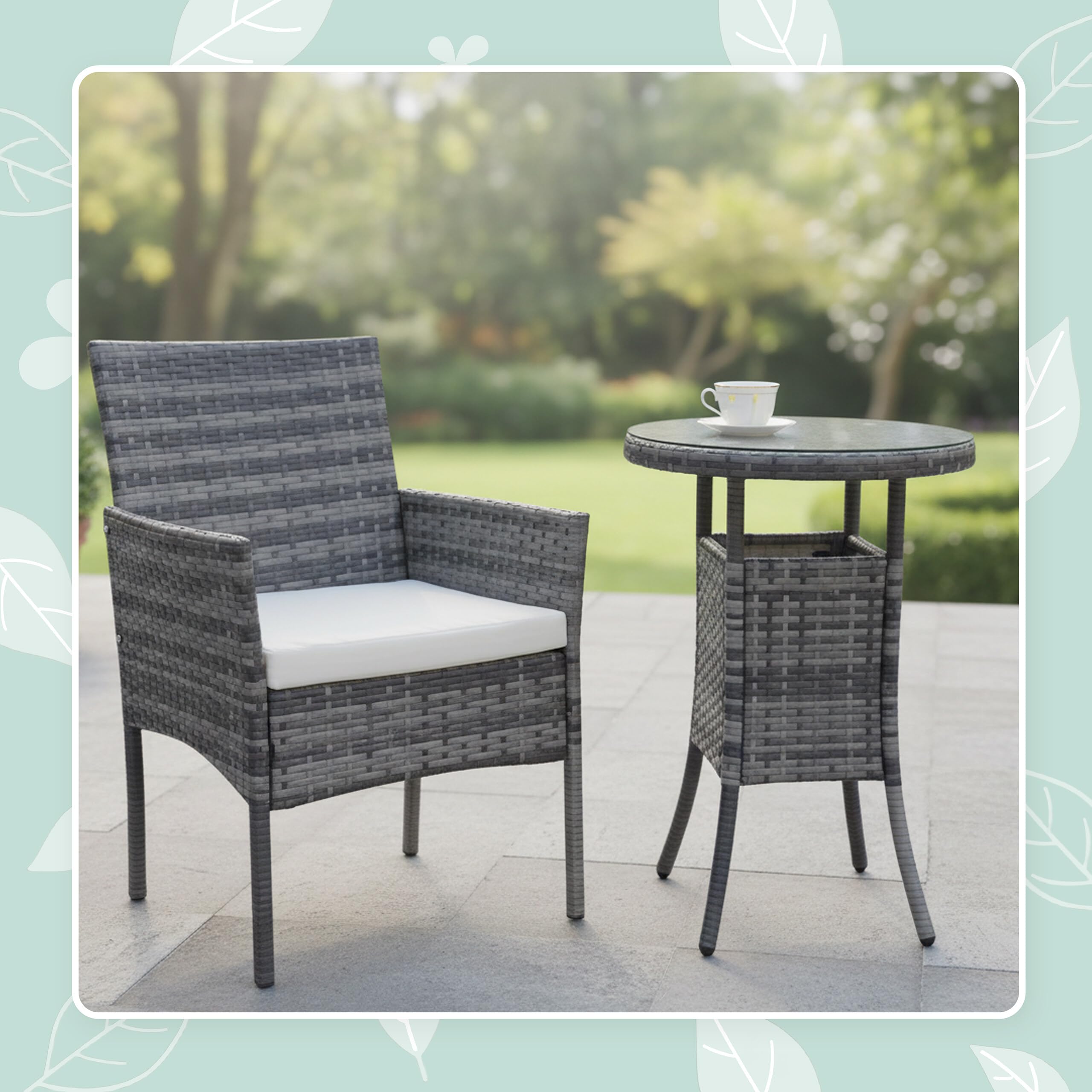 Relaxdays Zestaw mebli ogrodowych, 3-częściowy zestaw mebli rattanowych, 2 osoby, 2 fotele i szklany stół, meble wypoczynkowe, do użytku na zewnątrz, szary