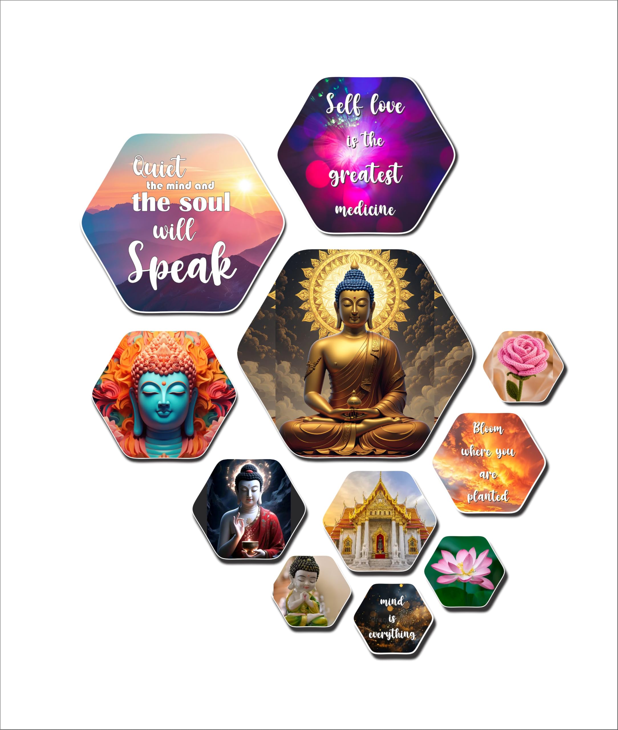 Hexagon Wall Art Set, Buddha Theme with Motivational Quotes, Multicolour, Set of 11-image-39