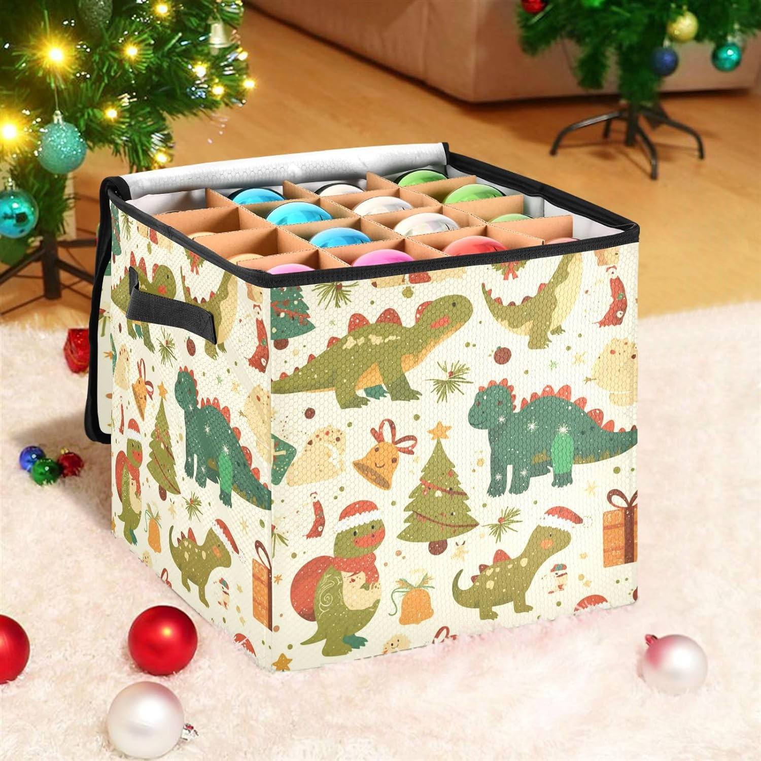 High Capacity Christmas ornament storage containers Holds Up to 64, Adjustable Dividers, Zippered Top, Two Handles Large Holiday Storage Case with Lid,Christmas Dino Cartoon