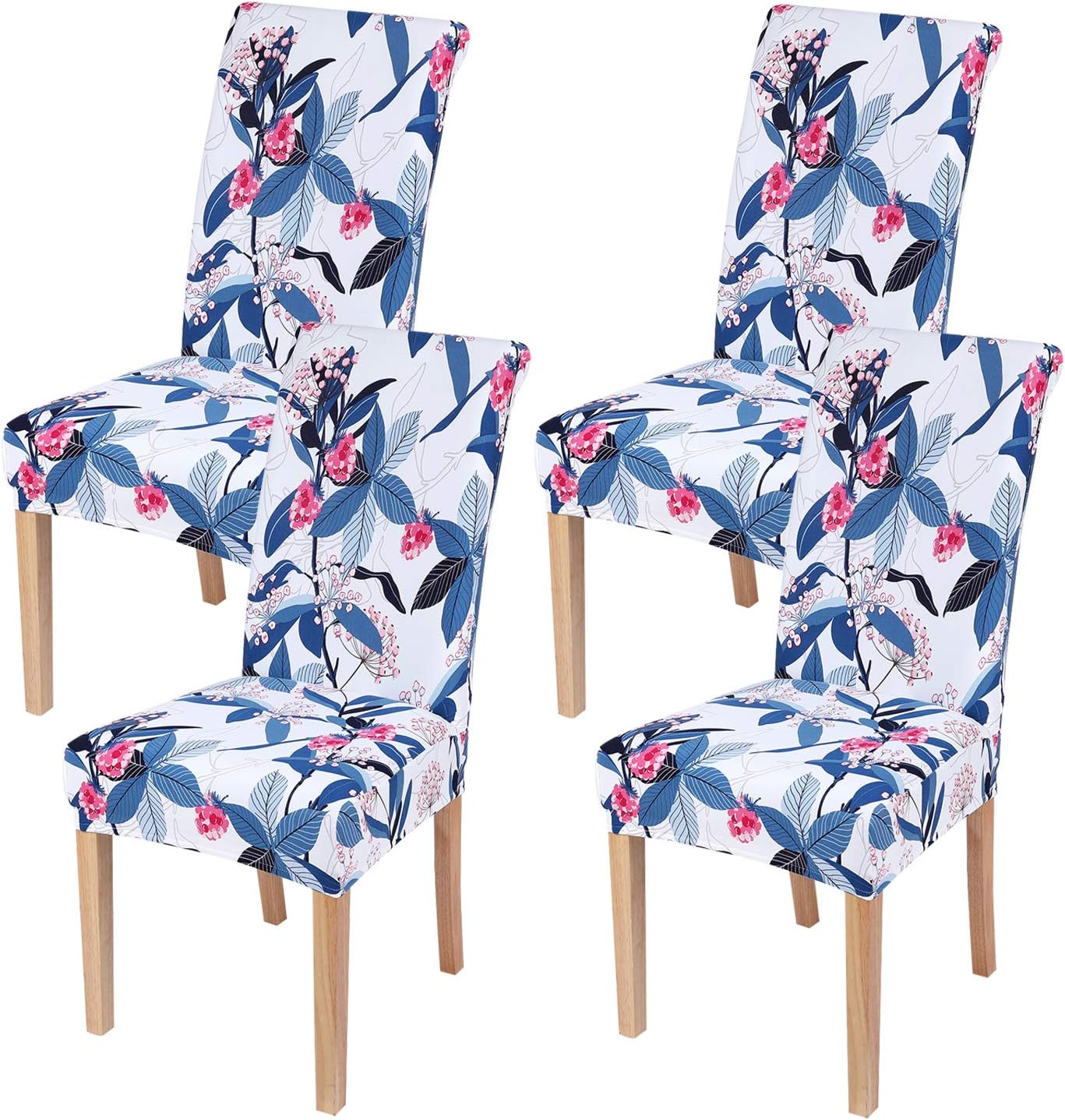 smiry 4 Pack Printed Dining Chair Covers, Stretch Spandex Removable Washable Dining Chair Protector Slipcovers for Home, Kitchen, Party, Restaurant (Blue with White)