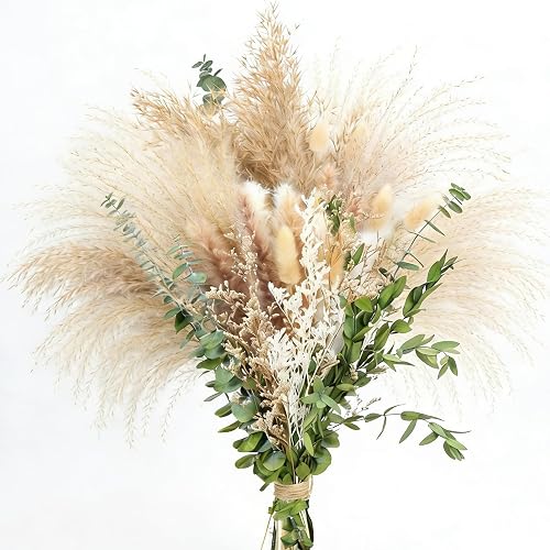Natural Dried Pampas Grass Bouquet - 9 Varieties Mix with Eucalyptus & Bunny Tails - 17" Non-Shedding & Dye-Free Dried Flowers for Vase - Elegant Boho Home Decor for Wedding, Table & Shelf