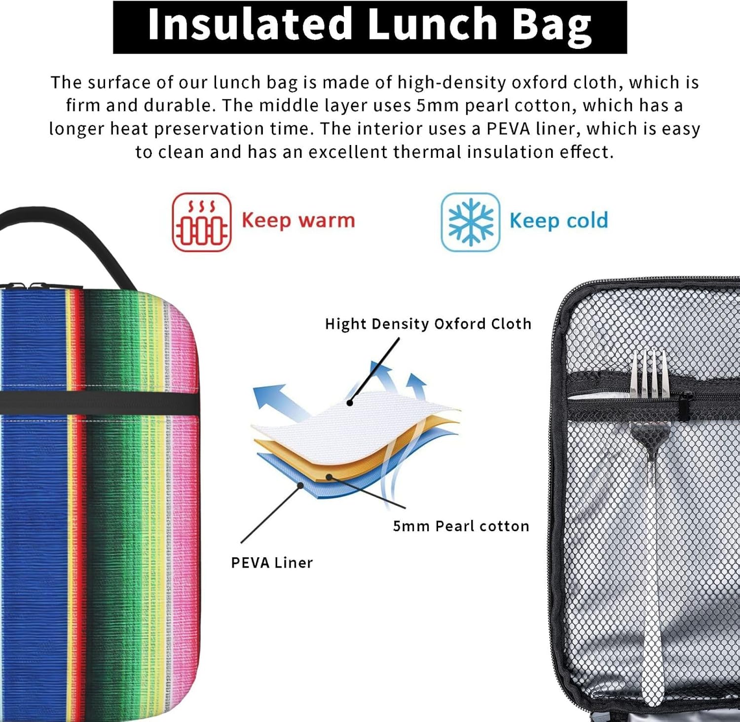 SUNNYEE Colorful Mexican Stripes Lunch Box Insulated Lunch Bags Reusable Picnic Bag Meal Tote Bag Portable Bento Container with Detachable Handle Lunchbox for Gym Office Hiking