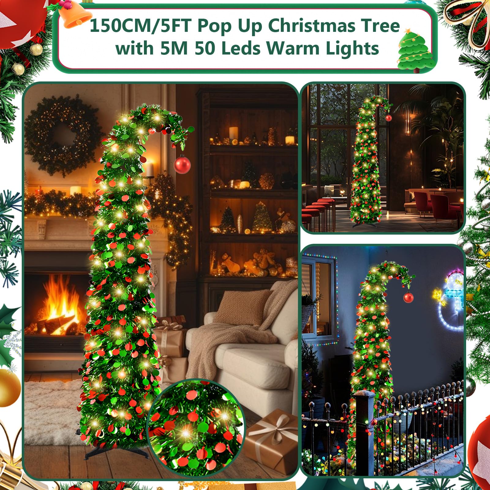 Sapin de Noël pop-up de 150 cm avec 50 lumières LED, guirlande de Noël fantaisiste pliable avec boule rouge pour Noël, maison, appartement, fête, bureau, décoration (vert)