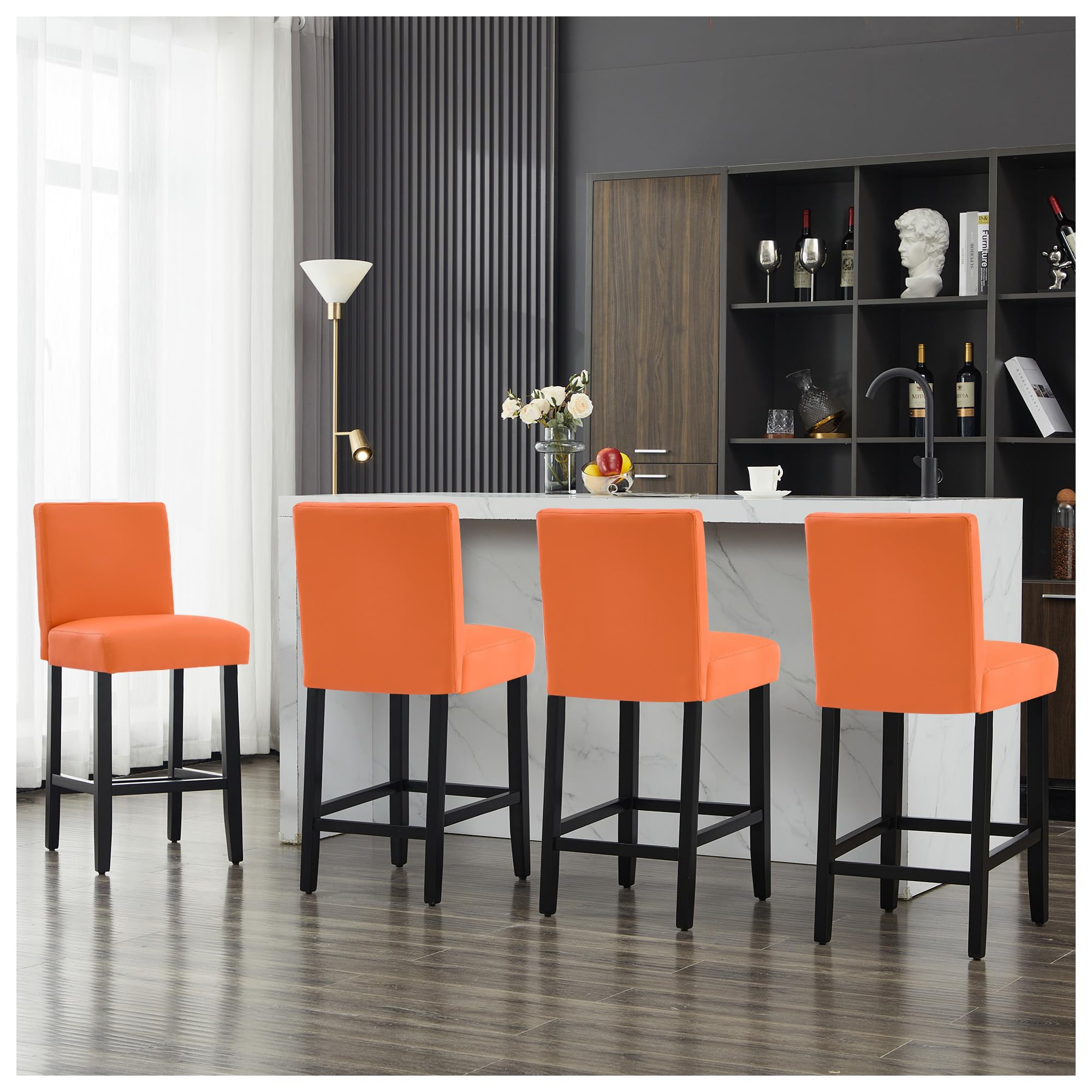 26'' Faux Leather Bar Stools Set of 4, Modern Upholstered Bar Chairs with Back, Soild Wood Legs Barstools for Kitchen Island, Orange