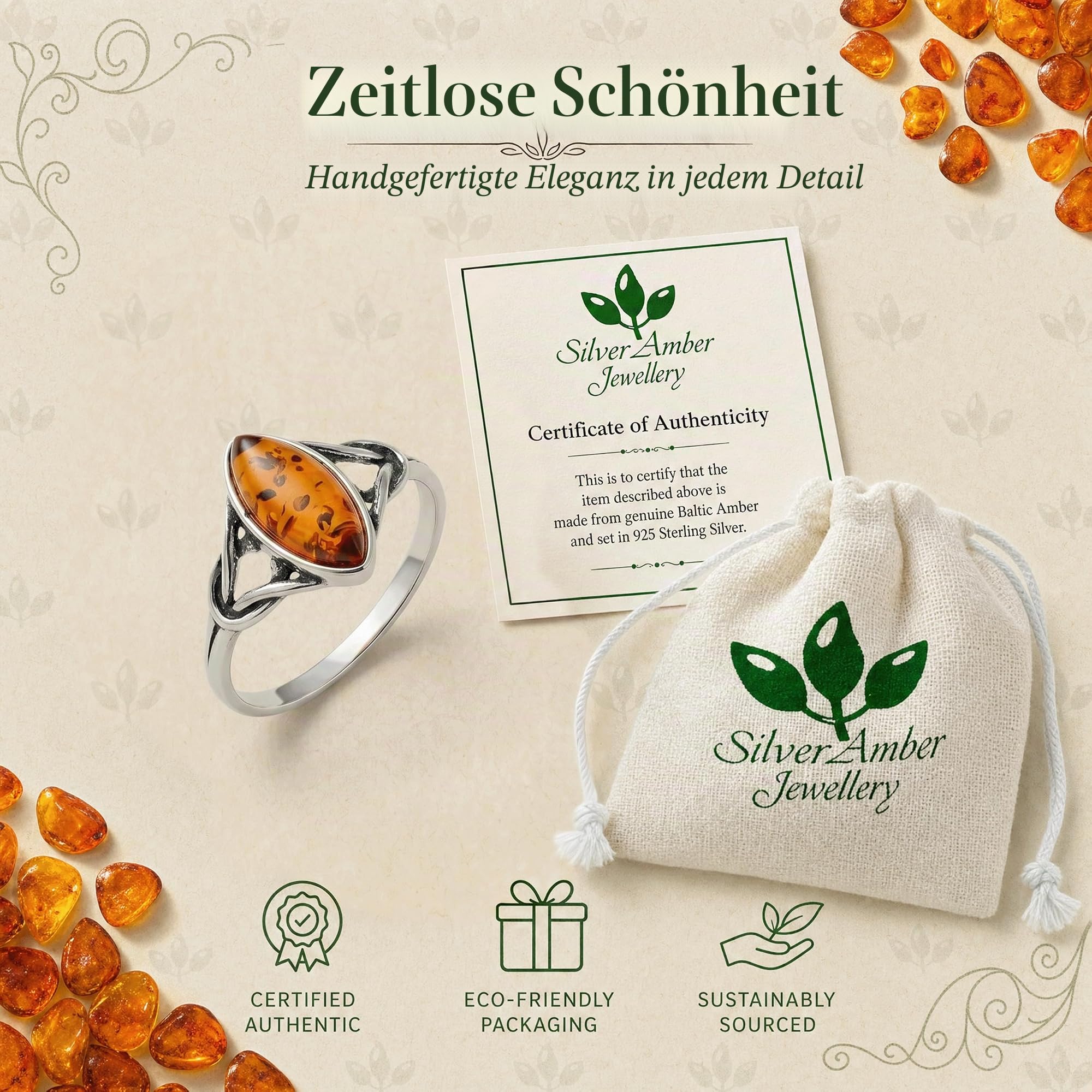 SilverAmber Jewellery - 925 Sterling Silber & Echter Baltischer Bernstein Keltischer Ring 7503