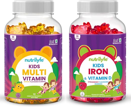 Nutrilyfe Kids Multivitamin and Iron &amp; Vitamin D Gummies Combo Pack for Kids | Supports Brain Development &amp; Bone Health | ...