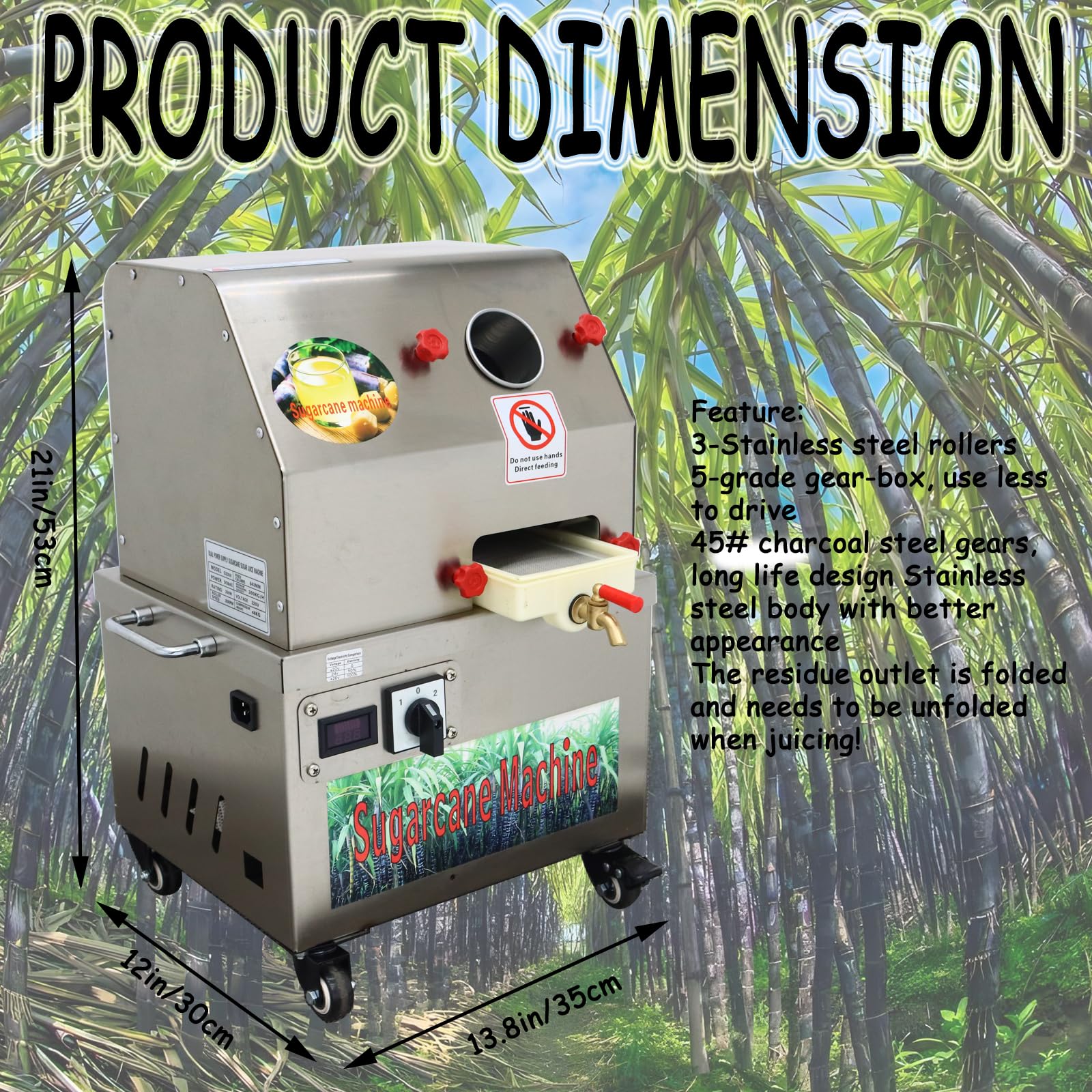Extractor eléctrico de jugo de caña de azúcar de 24 V CC o 110 V CA, 350 W, exprimidor vertical de jengibre de caña de azúcar de acero inoxidable con perilla ajustable 2