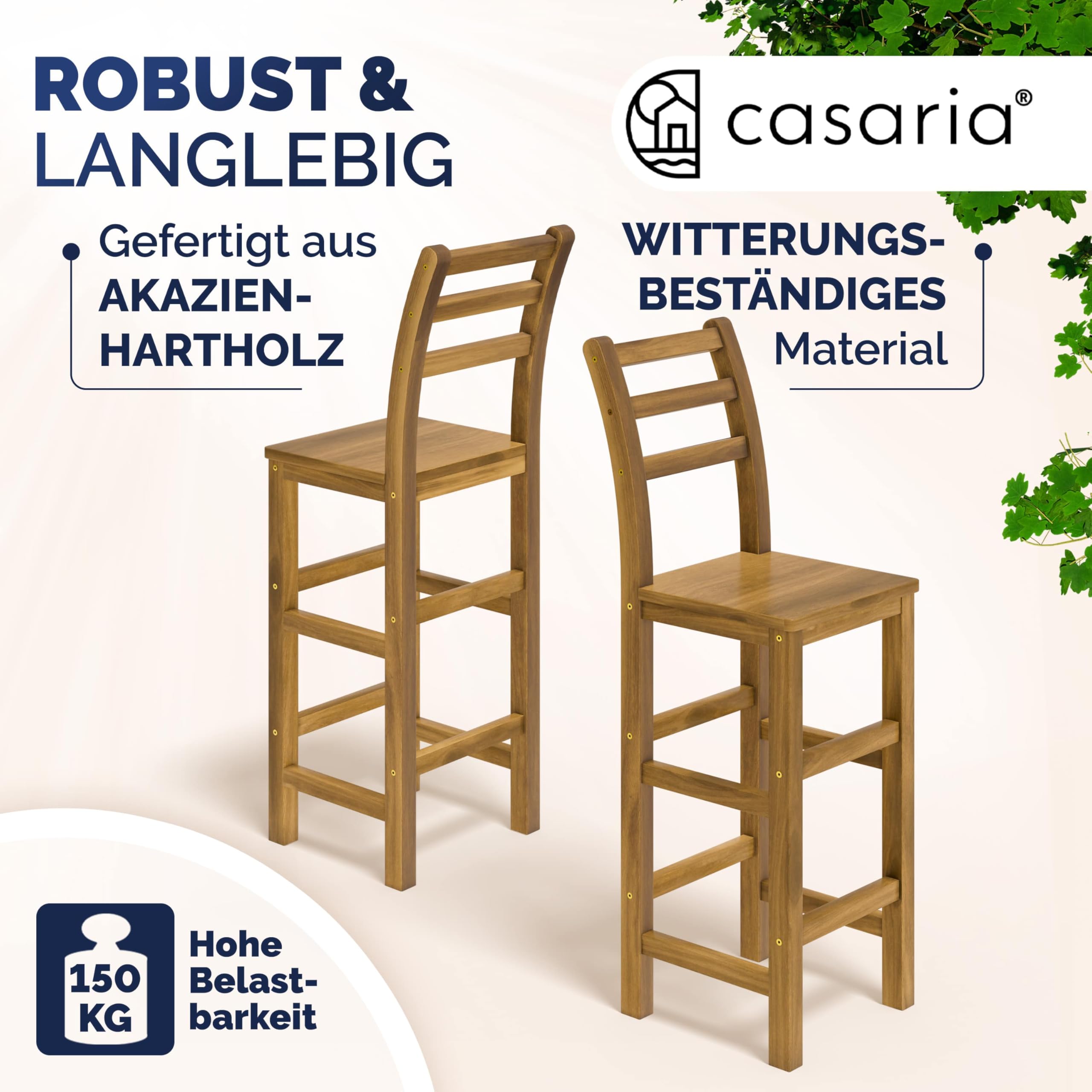 Casaria® Barhocker 2er Set Holz mit Lehne Outdoor 75cm Sitzhöhe Akazie 150kg Belastbarkeit Fußstütze Massiv Rustikal Garten Küche Bar Stuhl Hocker Braun