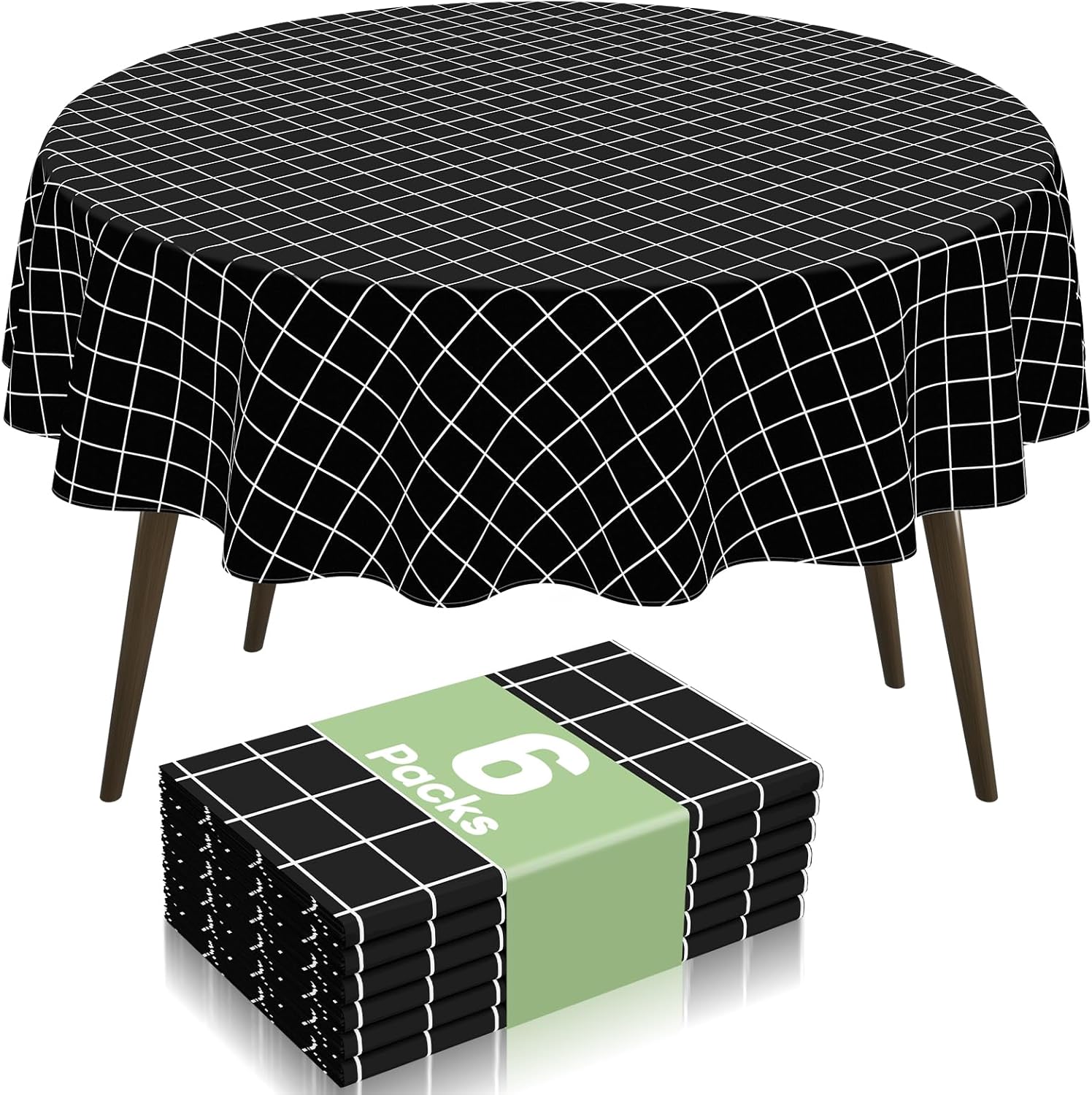 misaya 6 Pack Round Waterproof Fabric Table Cloth, Plaid Stain Resistant Polyester Tablecloth, Washable Cloth Table Cover for Dining Room, Outdoor, Picnic(60" Round, Black)