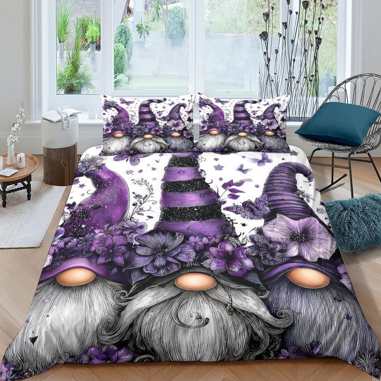 Ctjqhvkz Style-4 3D Printed Purple Gnome Fitted Sheet Microfiber Soft Breathable Floral Witch Hat Mattress Cover For Bedroom Dorm Decor Single（135X200cm）