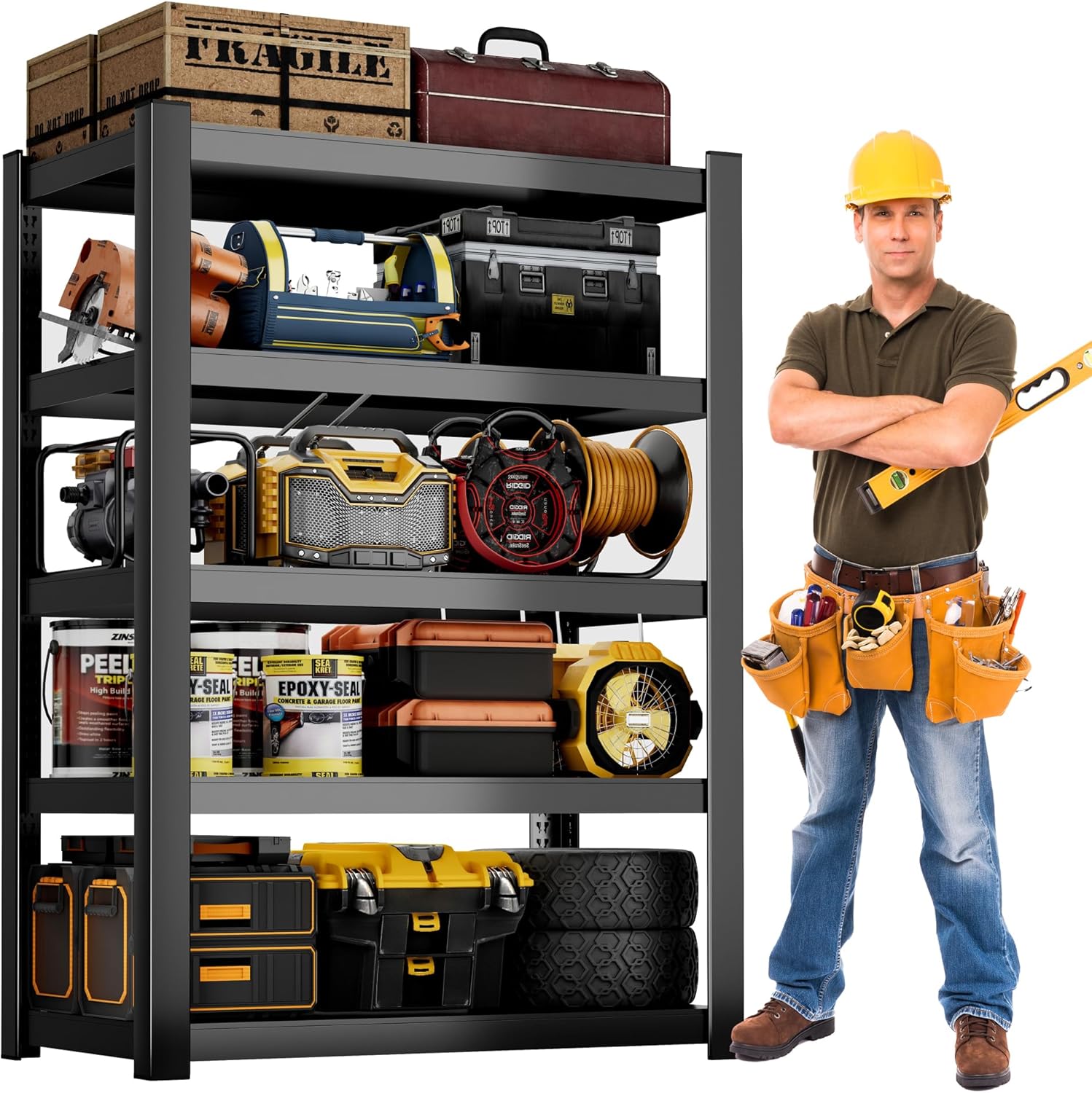 CJF Metal Storage Shelves, 5-Tier Garage Shelving Unit, Heavy Duty Adjustable Metal Shelving for Garage, Basement, Pantry, Warehouse-Black (71 "H x 36" W x 16" D)