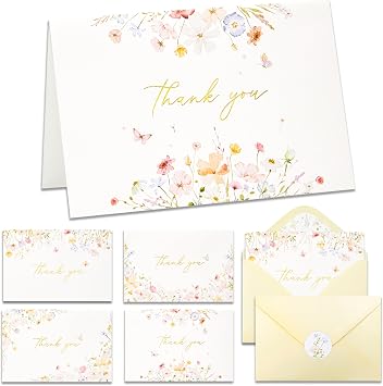 Crisky Floral 4 Assorted Thank You Cards 50 Pack with Envelopes & Stickers Greeting Cards Bulk, Watercolor Delicate Wildflower for Birthday, Baby Shower, Wedding, Graduation