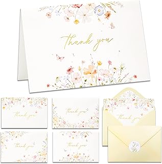 Crisky Floral 4 Assorted Thank You Cards (50 Pack) with Envelopes & Stickers Greeting Cards Bulk, Watercolor Delicate Wildflower for Birthday, Baby Shower, Wedding, Graduation