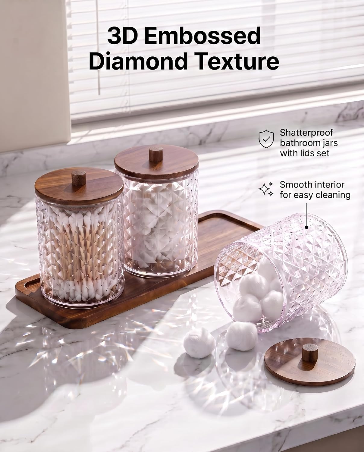 3 Pack Acrylic Qtip Holder Set with Lid, Bathroom Swab Jars Tray