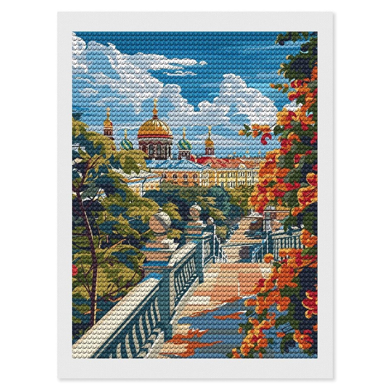 Junmoney Cityscape with Cathedral and Autumn Foliage Diamond Art Canvas 12"x16", Decorate Your Room, Mindful Craft Activity, Cosy Home Accent, Thoughtful Handmade Gift