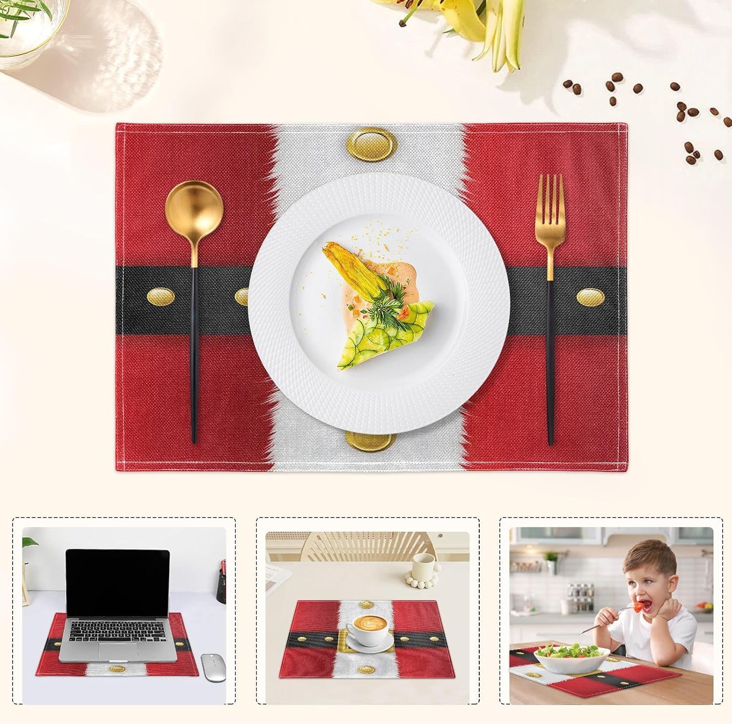Table Placemats Set of 6 Christmas Santa Claus Belt Red Cotton Linen Cloth Washable Table Mats Heat Resistant Reusable Place Mat for Kitchen Dining 12x18 Inch