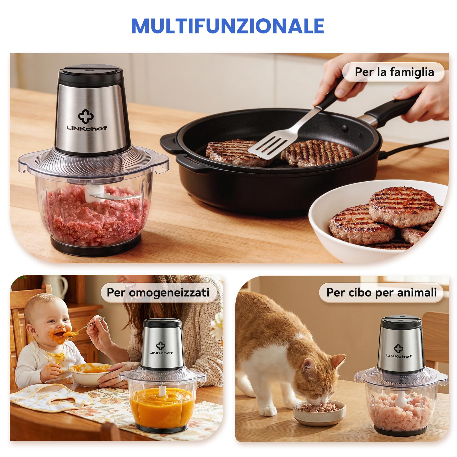LINKChef Tritatutto Elettrico 1,5L Vetro, 2 Velocità, Lame in Acciaio Inox a 3 Livelli – Mini Robot da Cucina per Carne, Verdure, Frutta, Noci e Alimenti per Bambini