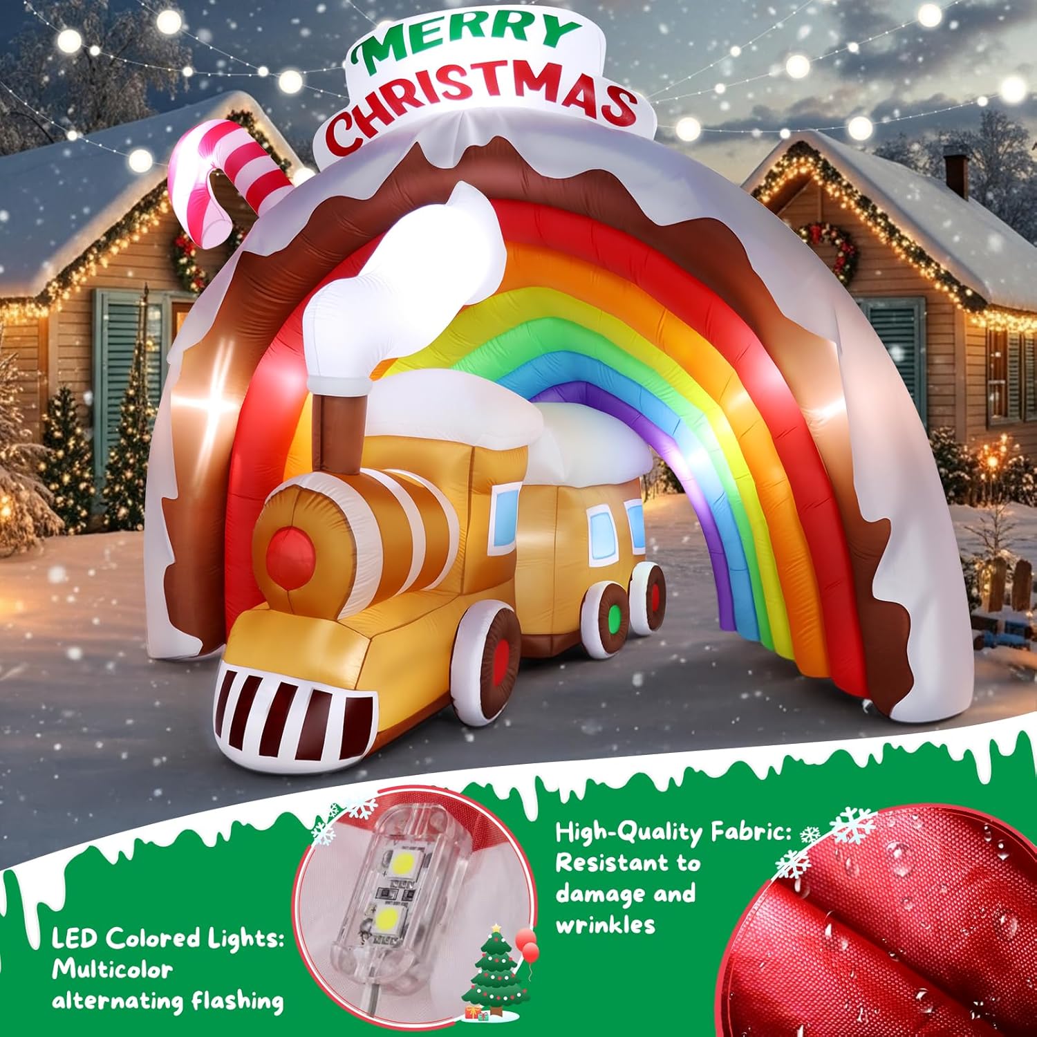 9.1 Ft Christmas Train Inflatable with Rainbow Tunnel and Built-in LED Lights, Blow Up Decoration for Outdoor Garden, Lawn, Courtyard, and Holiday Parties