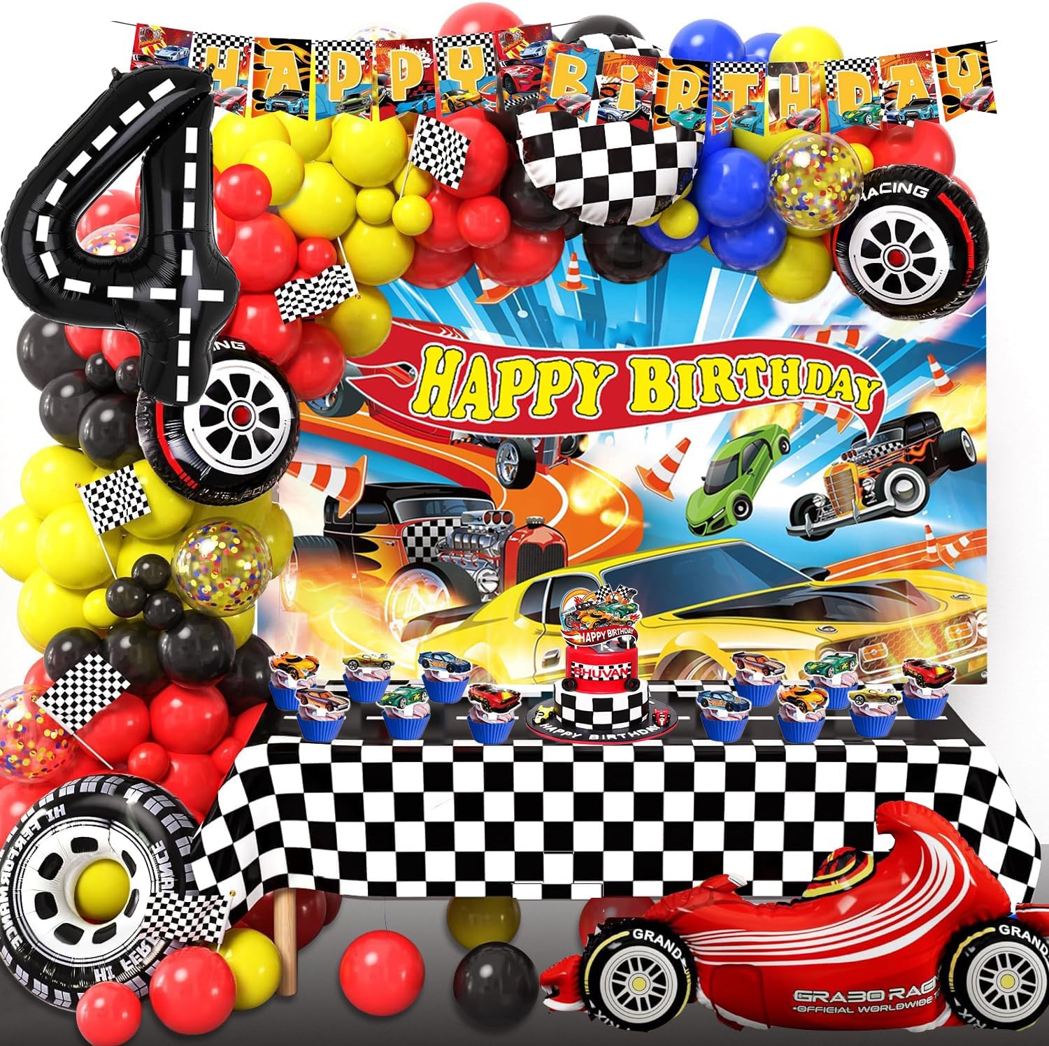 4th Birthday Party Hot Race Cars Wheels Theme Birthday Party Decorations Set Including Backdrop,Banner,Balloon Garland Arch, Tablecloth, Cake Toppers