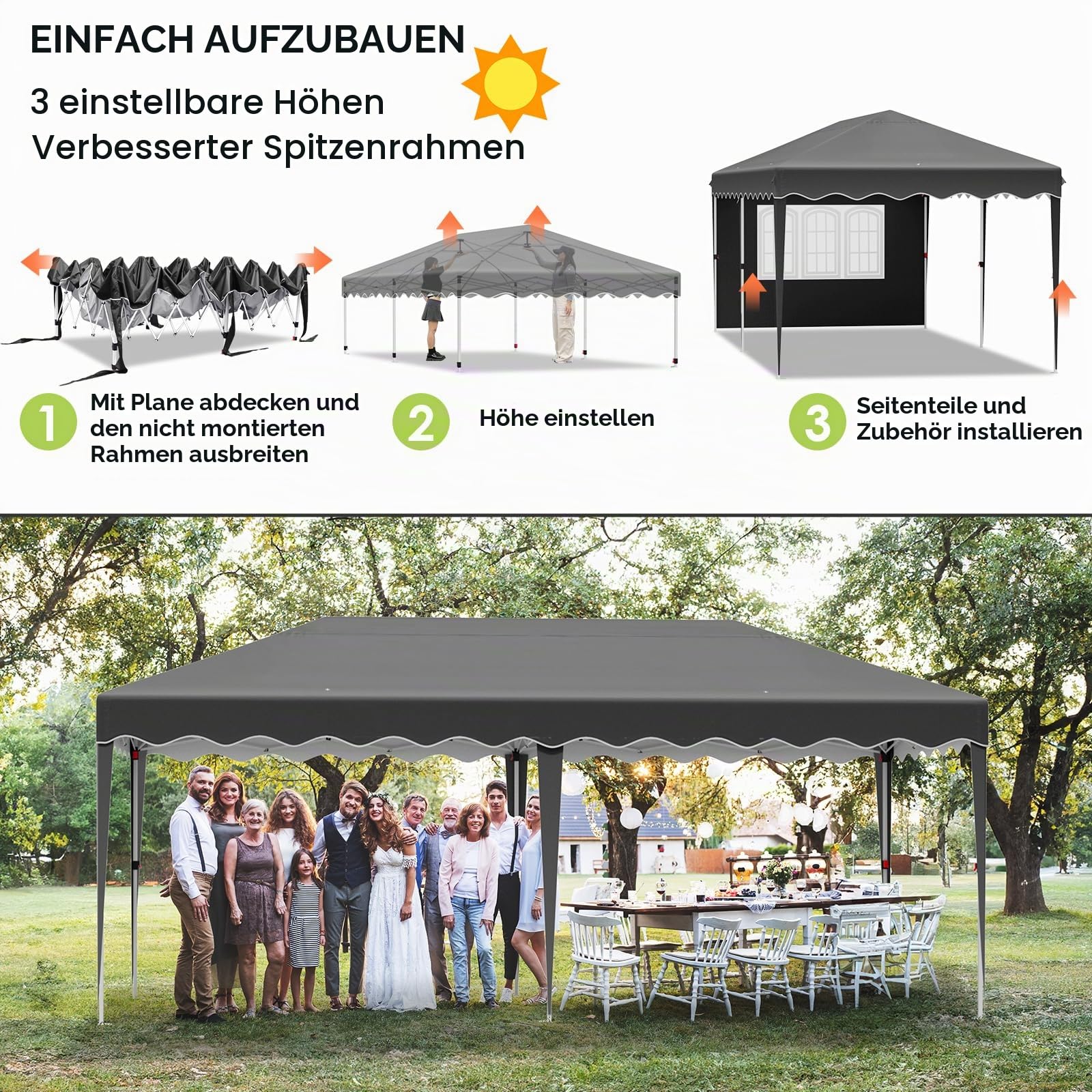 Pavillon 3x6,mit 6PCS Seitenteilen,Faltpavillon Wasserdicht,Stabil Winterfest,Partyzelt,Tente de Reception,Gartenpavillon Höhenverstellbar,für Strand/Festival/Camping/Markt,12 Erdhaken 6 Seil,Grau