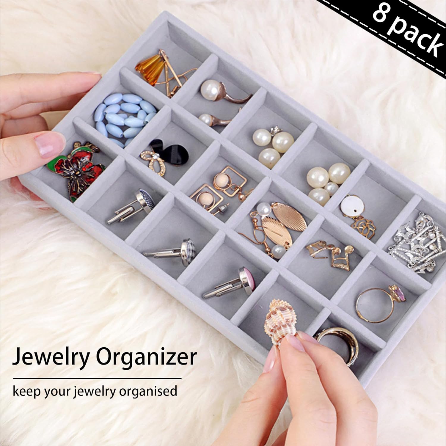 8 Pack Earring Organizer Holder Velvet Jewelry Tray for Drawer Stackable Jewelryy Organizer Divided Display Tray for Earring 18 Grids