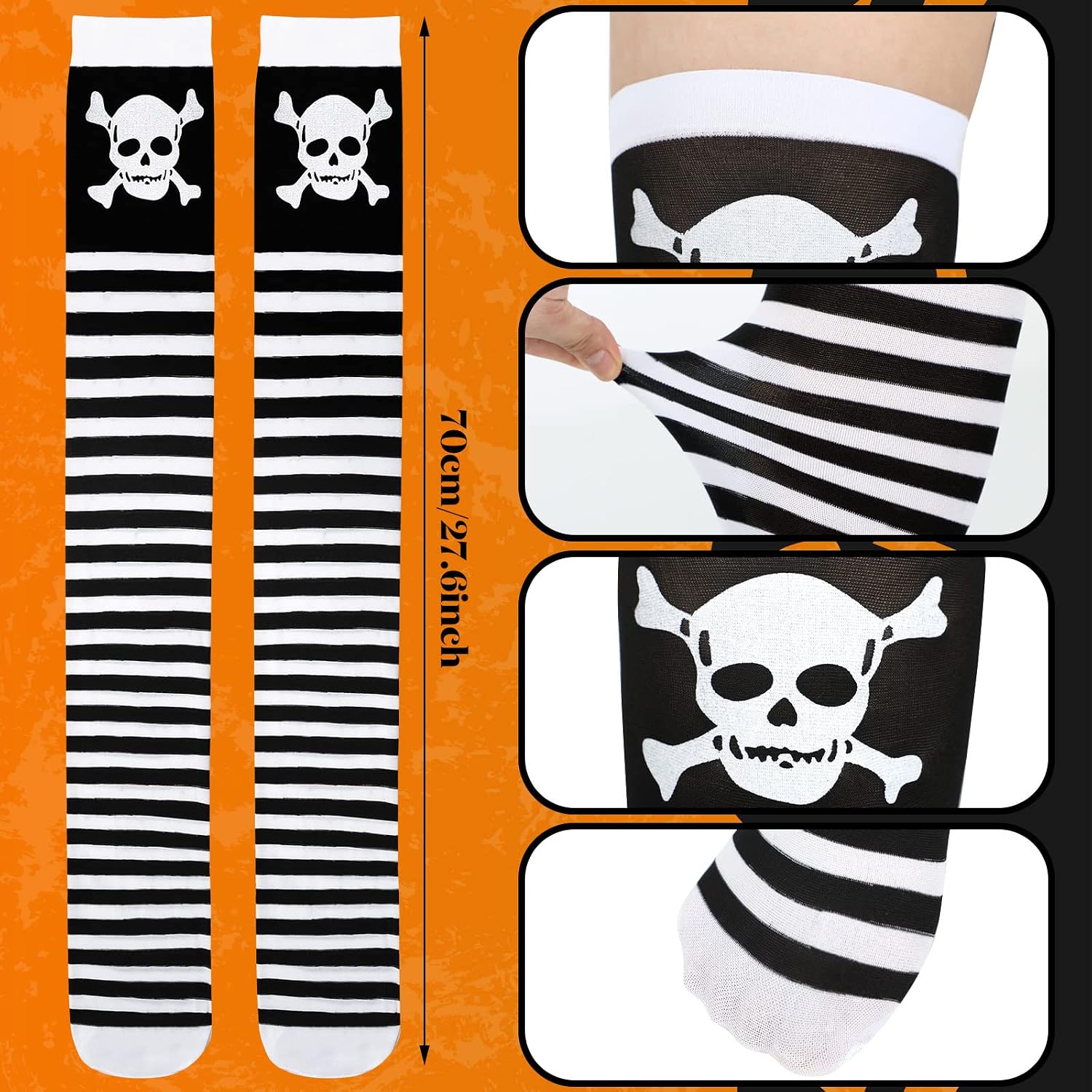 Geyoga 8 Pairs Thigh High Stockings for Women Gothic Skeleton Spooky Socks over Knee Long Socks for Halloween Cosplay