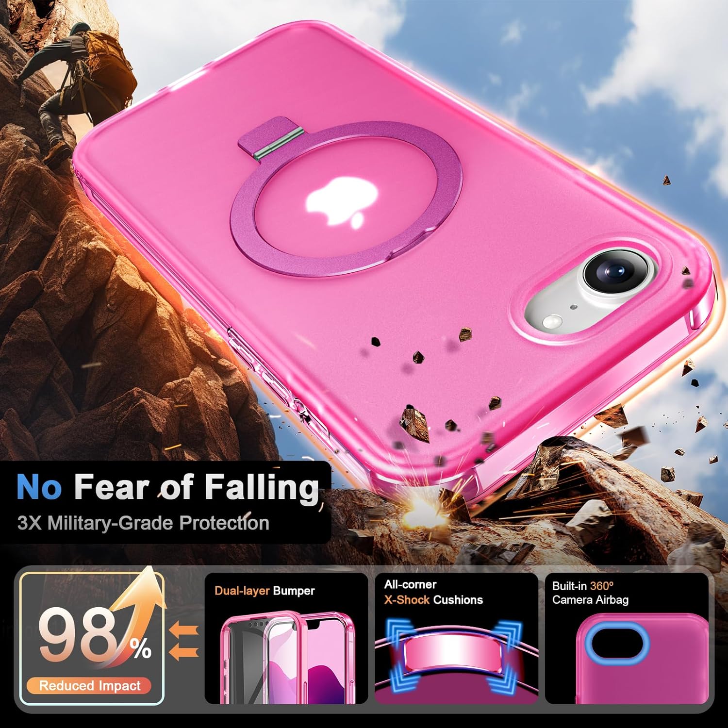for iPhone 17e/16e Full Body Shockproof Case with Magnetic Invisible Stand [Compatible with MagSafe] Built-in Screen Protector Military Drop ProtectionTranslucent Phone Cover -Hot Pink