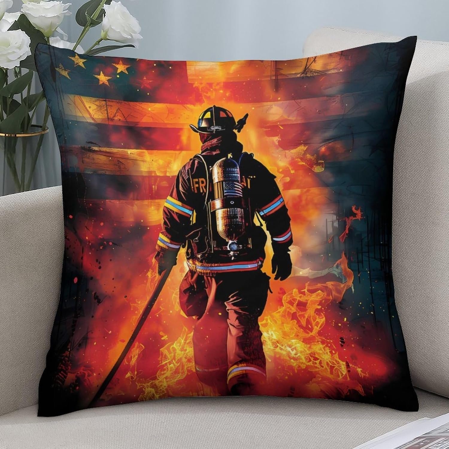Firefighter Fireman US Flag Printed Throw Pillow Case 4 Pcs Soft Pillowcases Pillows Covers Sofa Bed Decor 12/14/16/17/18/20/22/24/32 Inches