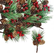 10P Fake Christmas Holly Sprigs Artificial Pine Picks with Red Berry Natural Pine Cones,Christmas Pines Needles Holly Berry Stems Decor,Xmas Foliage Berries Holly Bouquets Craft Flower Wreath Decor